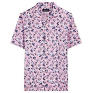 Bugatchi Mens XL Pink Cole Leaf Print OoohCotton Camp Short Sleeve Shirt